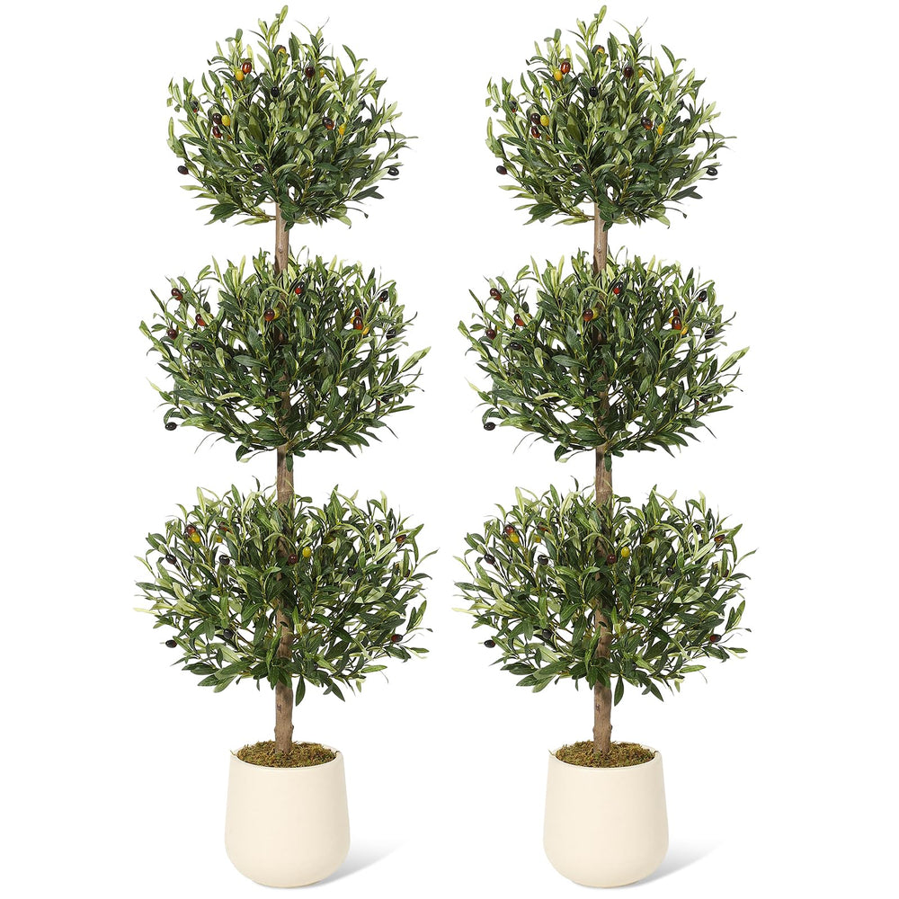 5 ft Artificial Olive Tree Triple Ball Topiary with Moss Pot – Indoor Outdoor Faux Plant