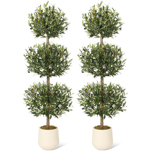 5 ft Artificial Olive Tree Triple Ball Topiary with Moss Pot – Indoor Outdoor Faux Plant