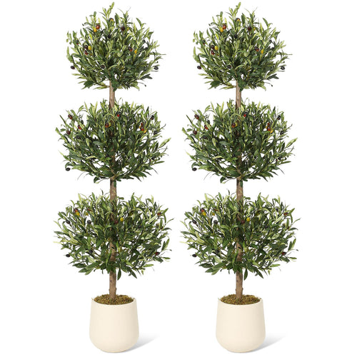5 ft Artificial Olive Tree Triple Ball Topiary with Moss Pot – Indoor Outdoor Faux Plant
