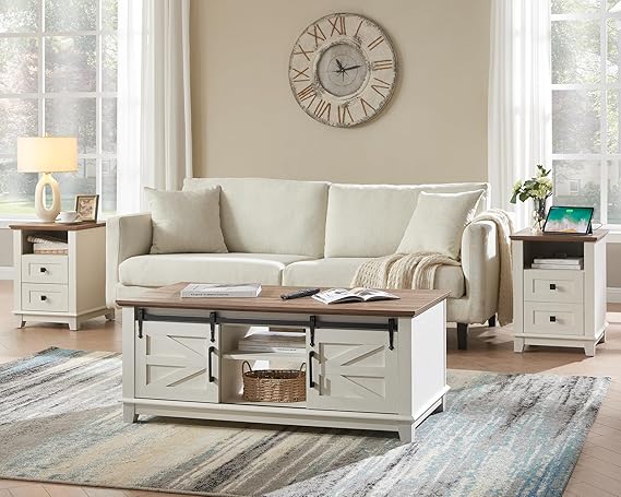 3-Piece Farmhouse Living Room Table Set with Sliding Barn Doors & Charging Station