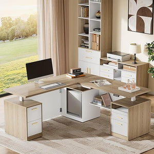 ModernMate 71" L-Shaped Electric Standing Desk with 5 Drawers, One-Piece Height Adjustable Executive Stand Up Desk, AC/USB & Privacy Panel, Home Office Workstation with Storage, Black Walnut