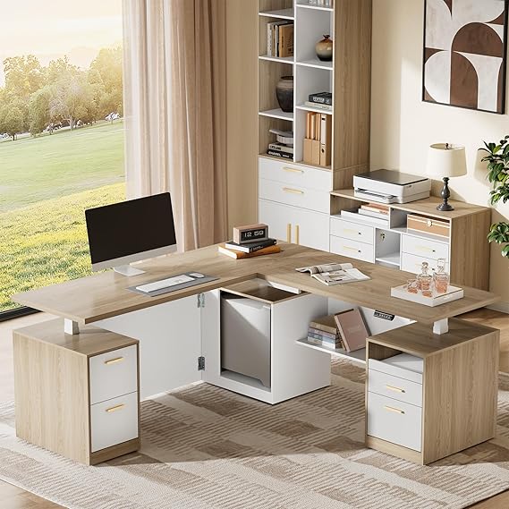 ModernMate 71" L-Shaped Electric Standing Desk with 5 Drawers, One-Piece Height Adjustable Executive Stand Up Desk, AC/USB & Privacy Panel, Home Office Workstation with Storage, Black Walnut
