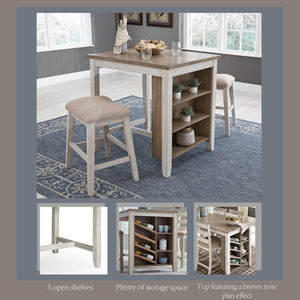 3-Piece Counter Height Dining Set with Cushioned Barstools — Whitewash Wood
