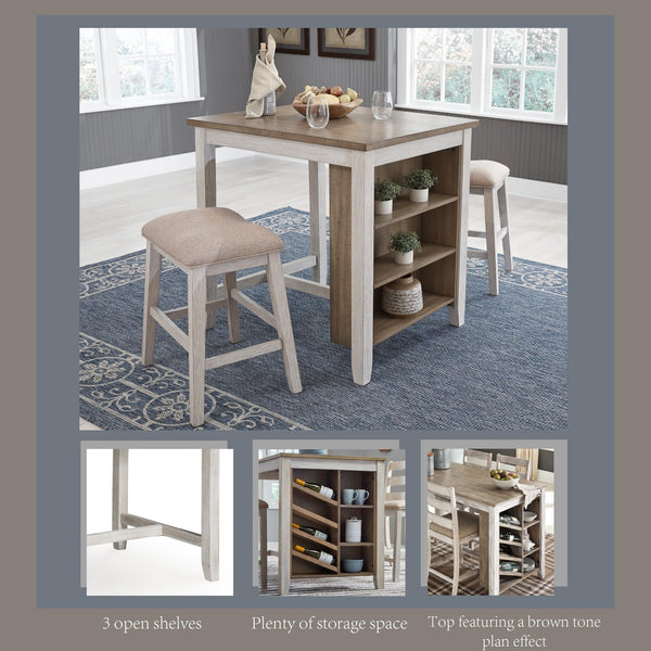 3-Piece Counter Height Dining Set with Cushioned Barstools — Whitewash Wood