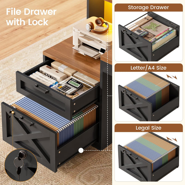 L-Shaped Corner Desk with Storage, Drawers & LED Lights
