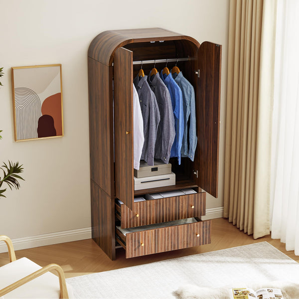 Arched Armoire Wardrobe Closet with Fluted Doors, Hanging Rod & 2 Drawers