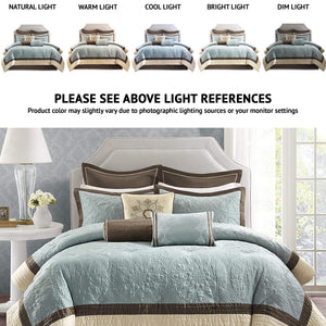 Blue Medallion Quilted Comforter Set with Bed Skirt & Decorative Pillows