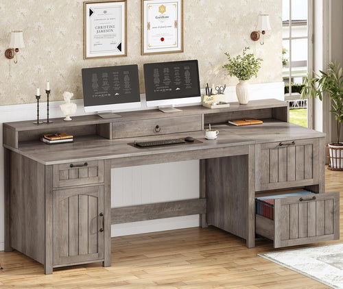 63-Inch Farmhouse Executive Desk with File Drawers, Monitor Stand & Storage Cabinet