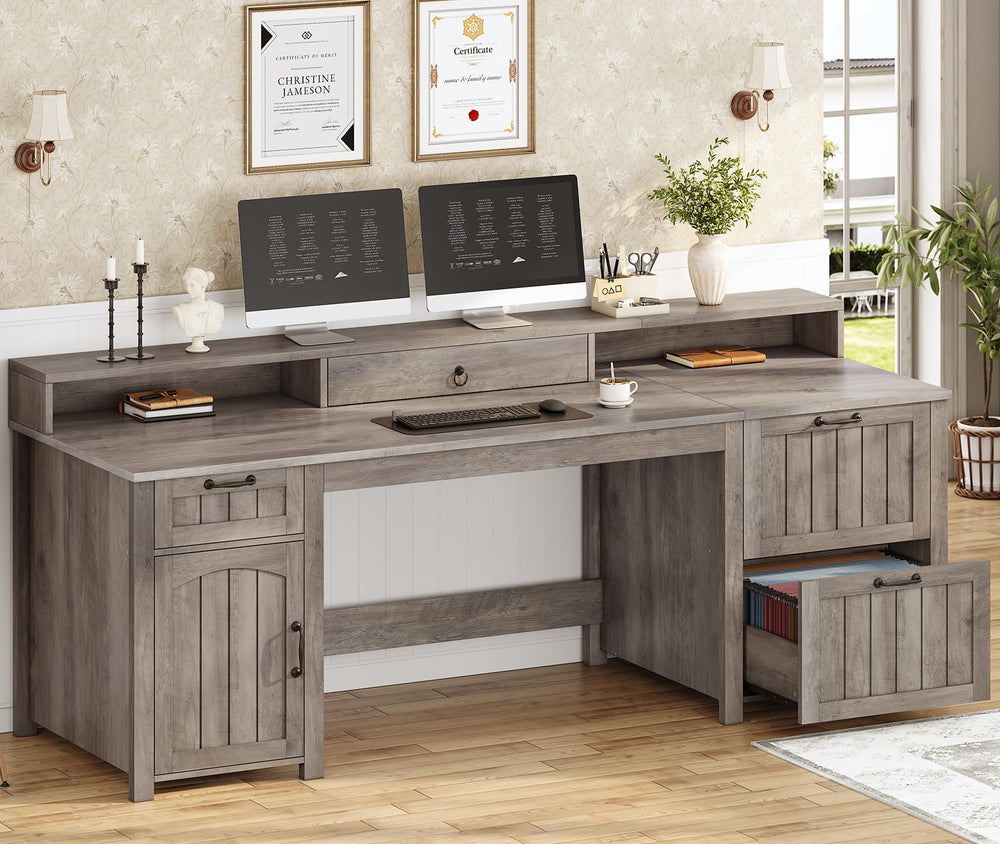 63" Farmhouse Executive Desk with Drawers, Storage Cabinet & Monitor Stand