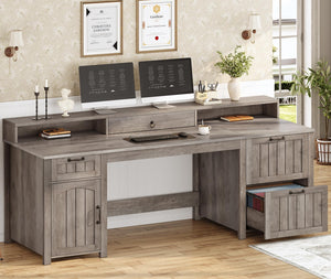 63" Farmhouse Executive Desk with Drawers, Storage Cabinet & Monitor Stand
