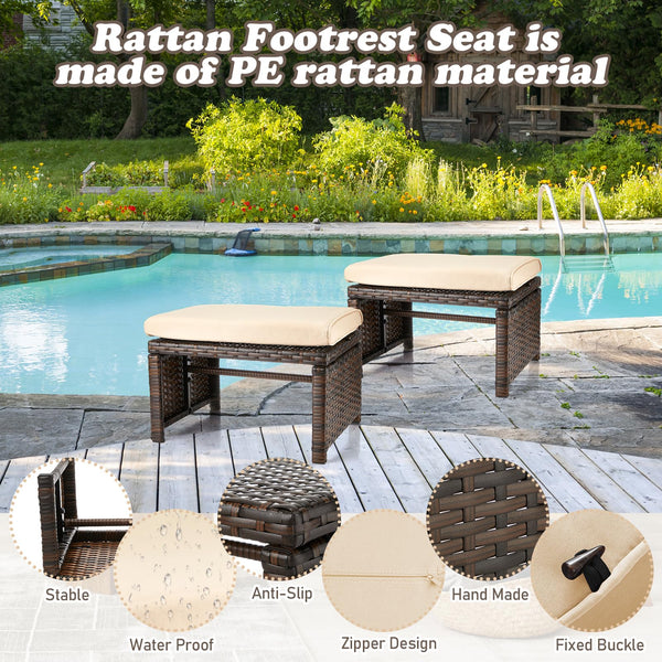 2-Pc Outdoor Rattan Ottoman Set with Removable Cushions