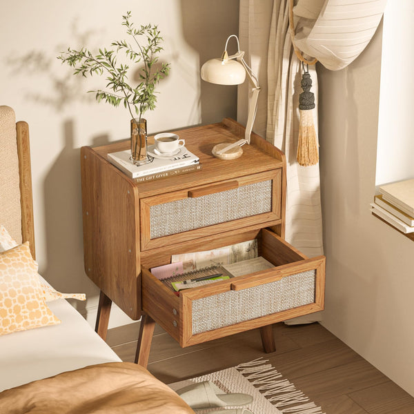 Boho Rattan Nightstand with 2 Drawers & Solid Wood Legs