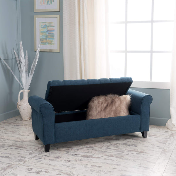 Button-Tufted Fabric Storage Ottoman Bench with Rolled Arms