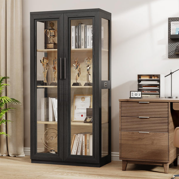 LED Display Cabinet with Glass Doors & 4 Shelves