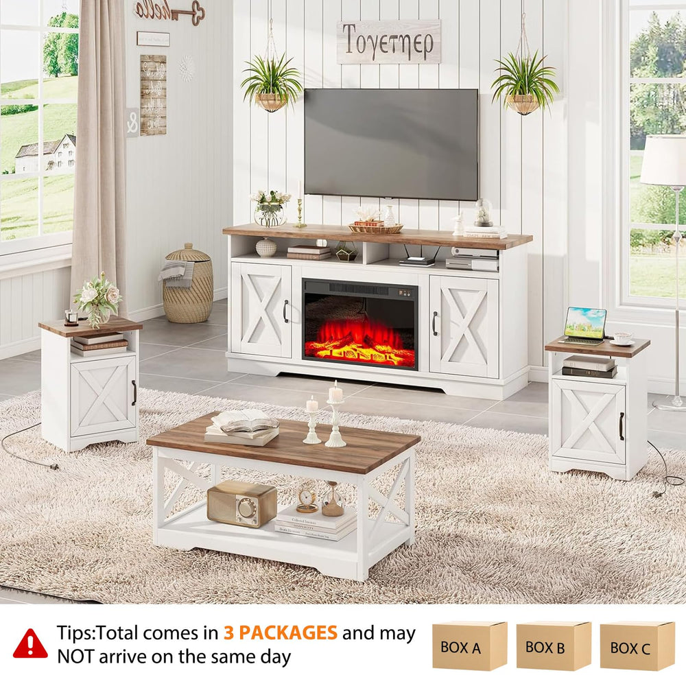 5-Piece Farmhouse Living Room Table Set with Electric Fireplace