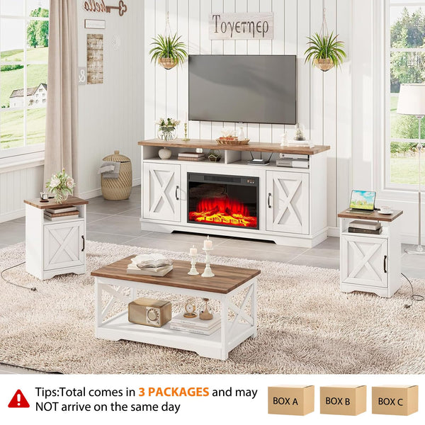 5-Piece Farmhouse Living Room Table Set with Electric Fireplace