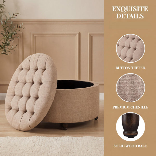 28" Round Storage Ottoman with Wooden Legs