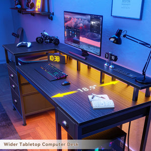 60-Inch Computer Desk with LED Lights, USB Charging, File Cabinet & Monitor Stand