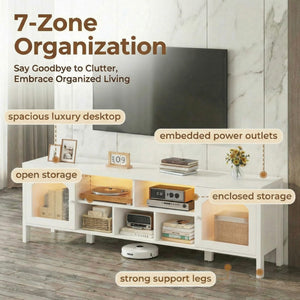 TV Stand with LED Light & Power Outlet, Arched Glass Doors