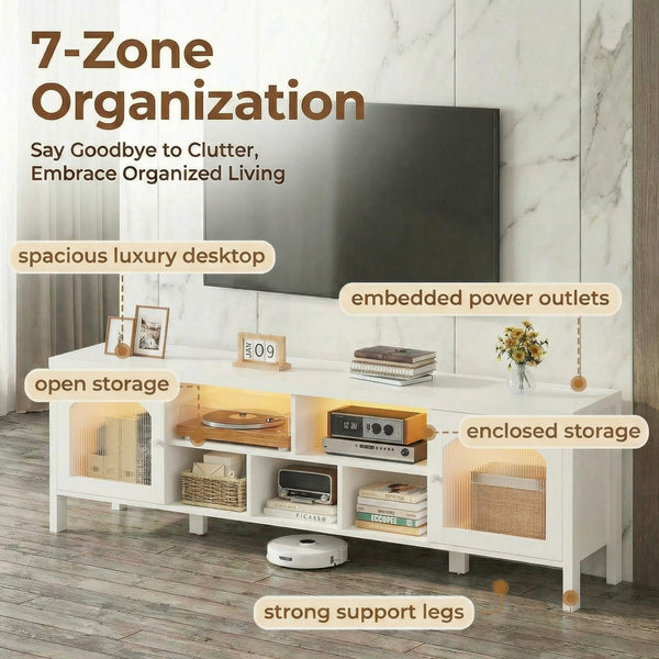 TV Stand with LED Light & Power Outlet, Arched Glass Doors