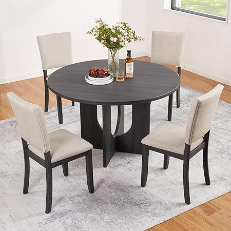 Extendable Round Dining Table Set for 4-6 with Upholstered Chairs