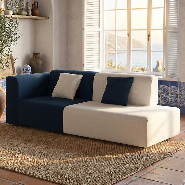 L-Shaped Chaise Lounge Sofa – Blue & White Fabric
