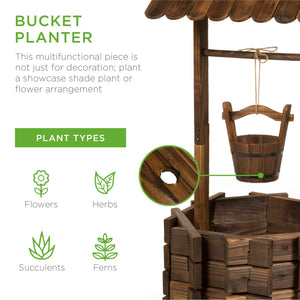 Rustic Wooden Wishing Well Planter with Hanging Bucket