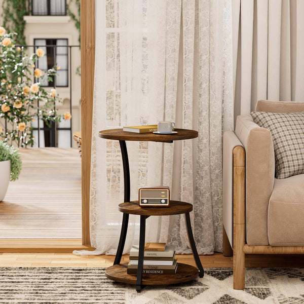 Round 3-Tier Industrial End Table with Metal Frame