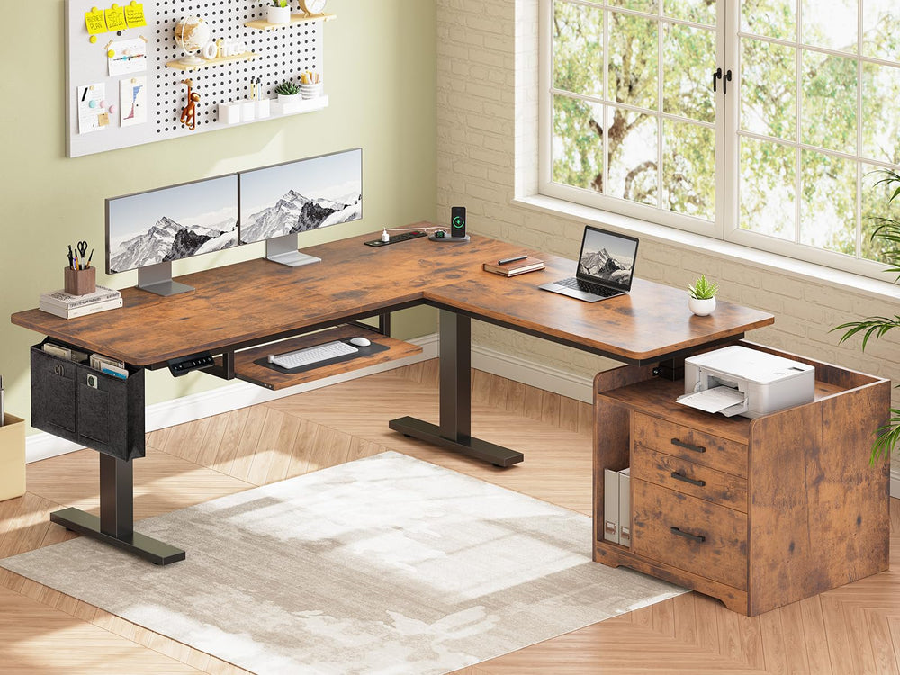 L-Shaped Electric Standing Desk with File Cabinet and LED Lights