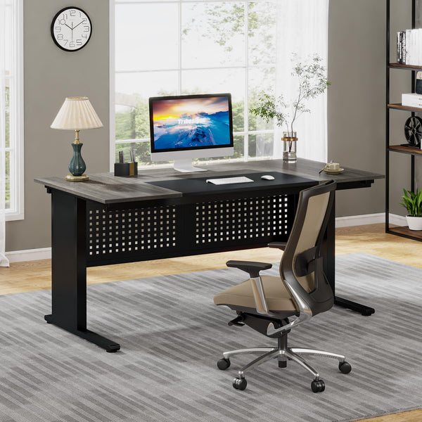 L-Shaped Executive Desk with File Cabinet and Storage Shelves