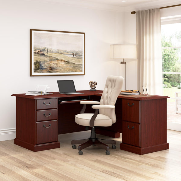 L-Shaped Executive Desk with Drawers & Keyboard Tray – Harvest Cherry