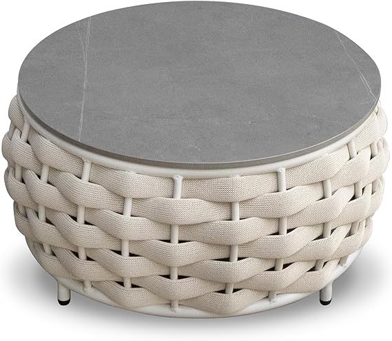 Round Woven Rope Outdoor Coffee Table with Sintered Stone Top