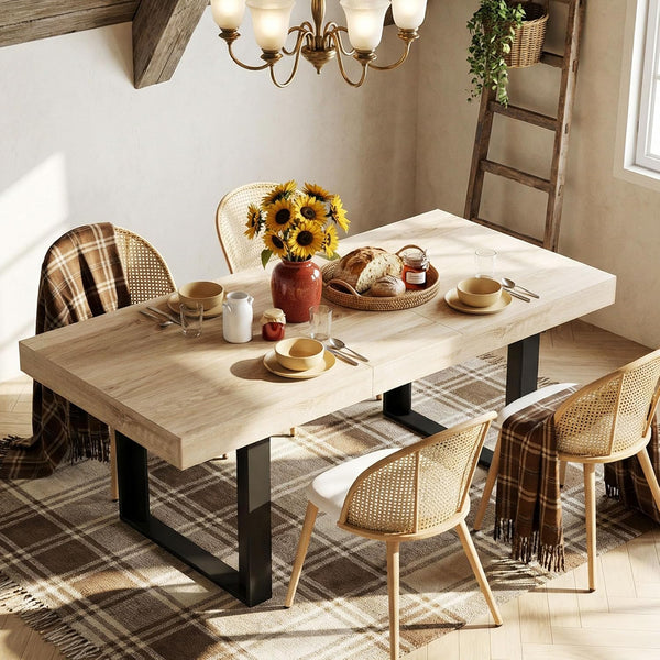 Extendable Farmhouse Dining Table Set with 4 Rattan Chairs