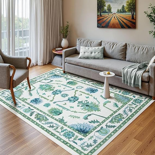 Washable Oushak Area Rug – Floral, Non-Slip, Low Pile