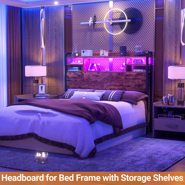 Storage Headboard with LED Light, Power Outlets & USB Ports