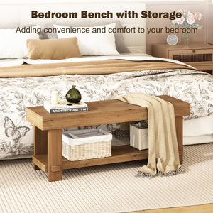 Solid Wood Farmhouse Entryway Bench with Storage Shelf