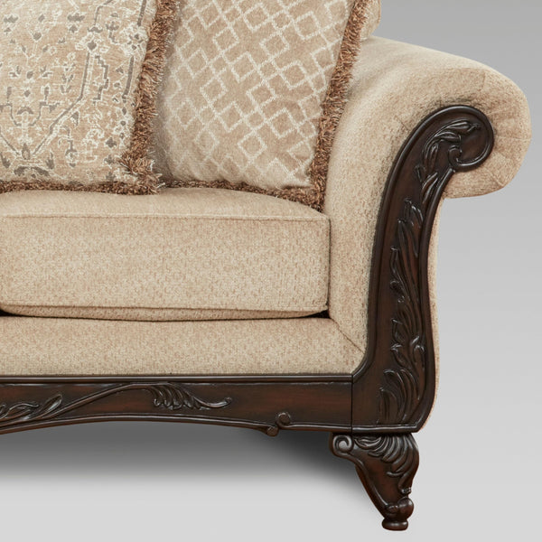 3-Seat Chenille Sofa with Carved Wood Frame