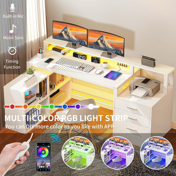L-Shaped Computer Desk with Drawers, Power Outlets & LED Lights