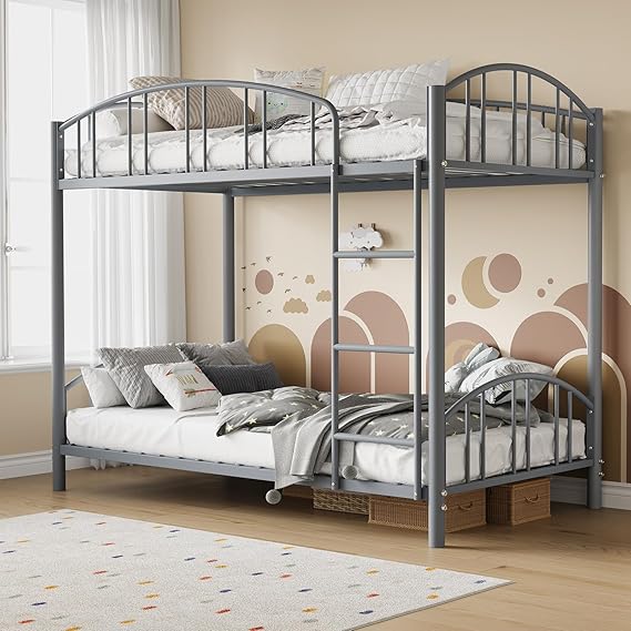 Twin Over Twin Bunk Bed Frame with Guardrail & Safety Ladder