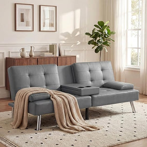 Convertible Futon Sofa Bed with Adjustable Backrest & Armrest
