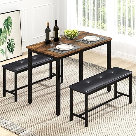4-Person Dining Table Set with 2 Benches