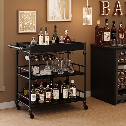 3-Tier Rolling Bar Cart with Wine Rack and Removable Tray