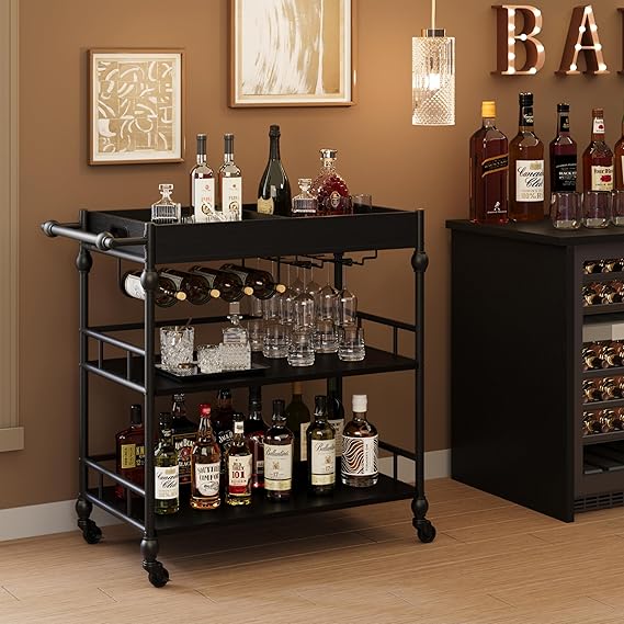 3-Tier Rolling Bar Cart with Wine Rack & Removable Tray