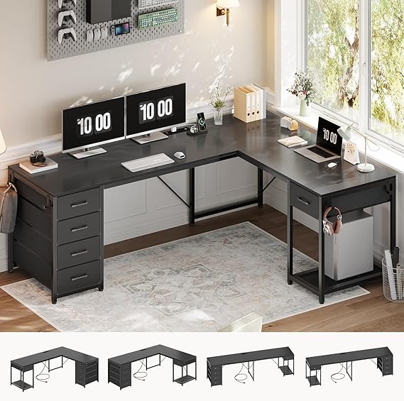 L-Shaped Desk with Drawers & Built-In Power Strip