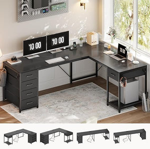 L-Shaped Desk with Drawers & Power Strip