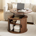 FABATO Round Lift Top Coffee Table, Fluted Wood Accent Coffee Table with Hidden Storage and Open Shelves, Drum Table with Sliding Rolling Door, Small Center Table Dining Table for Living Room, Wood