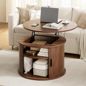 FABATO Round Lift Top Coffee Table, Fluted Wood Accent Coffee Table with Hidden Storage and Open Shelves, Drum Table with Sliding Rolling Door, Small Center Table Dining Table for Living Room, Wood