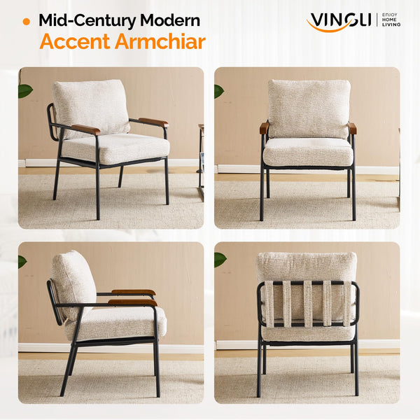 Mid-Century Modern Accent Armchair with Wood Armrests – Linen Upholstered Reading Chair