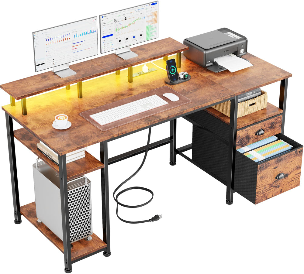 Gaming & Home Office Computer Desk with Power Outlets, LED Lights & Monitor Stand
