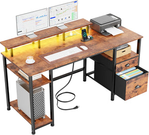 Gaming & Home Office Computer Desk with Power Outlets, LED Lights & Monitor Stand